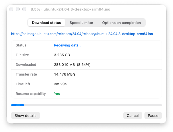 A download's progress window showing size, speed, time left and resume support